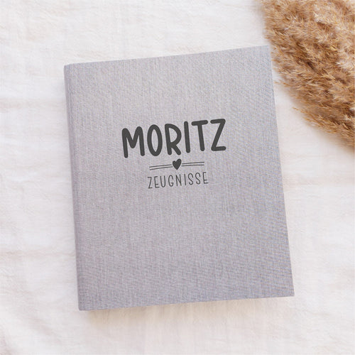 Ordner/ Mappe für Zeugnisse ( (personalisiert) mit grauen Stoffbezug aus Leinen